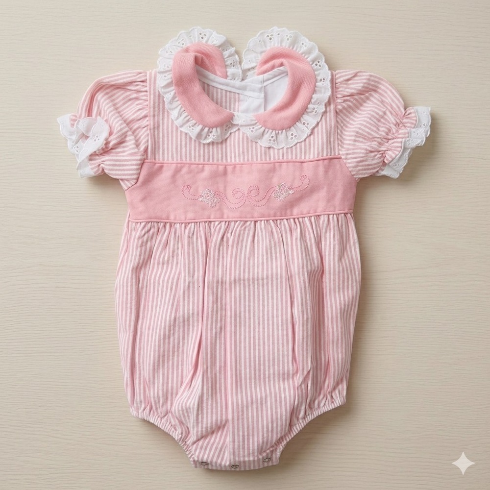 Vintage Alexis 3 Mth Bubble Romper Pink White Stripe Embroidered Lace Collar